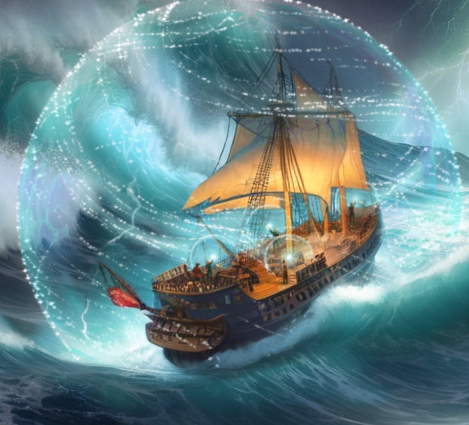 Cover art from Light in the Second Darkness, published by Rock Court Media: a sailing ship riding a storm inside a glowing sphere of light