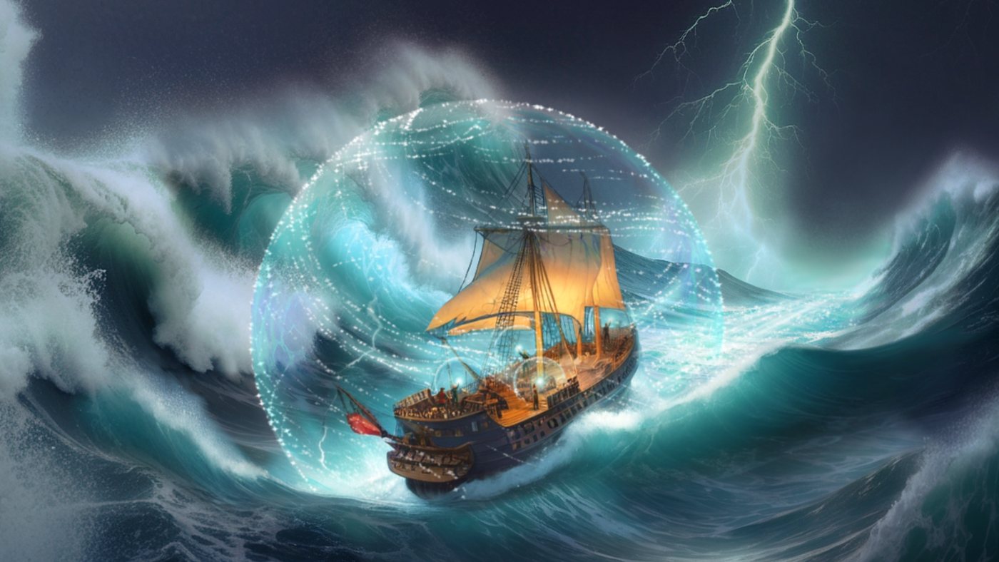 Cover art from Light in the Second Darkness, published by Rock Court Media: a sailing ship riding a storm inside a glowing sphere of light
