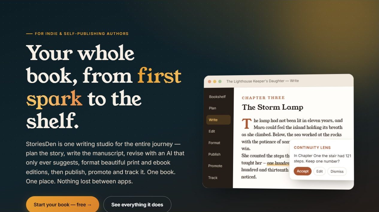 The StoriesDen home page: “Your whole book, from first spark to the shelf”, beside the app’s writing view with a continuity suggestion